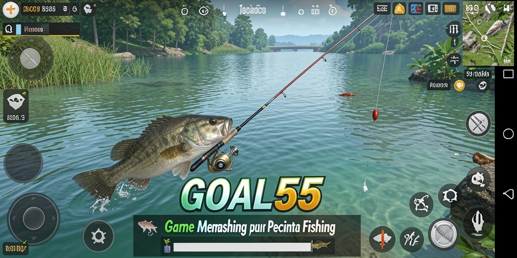 Screenshot gameplay GOAL55 menampilkan suasana memancing yang menenangkan dan indah.