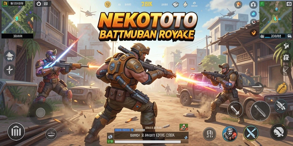 Tampilan layar permainan <strong>NEKOTOTO</strong> yang menunjukkan pertempuran sengit di arena Battle Royale.
