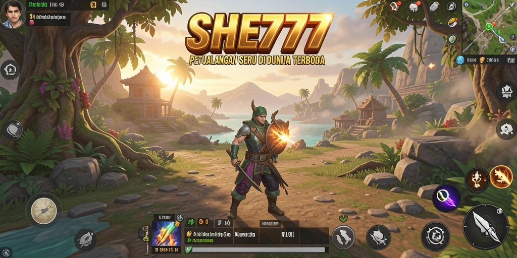 Screenshot gameplay SHE777 menampilkan petualangan di dunia terbuka yang luas.