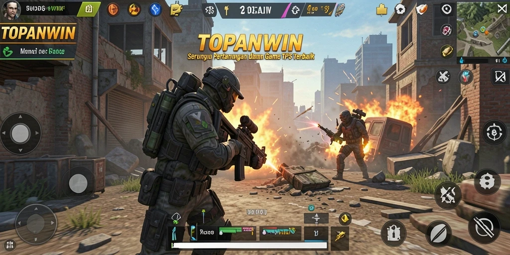 Tampilan gameplay utama TOPANWIN yang menegangkan dalam pertempuran TPS.
