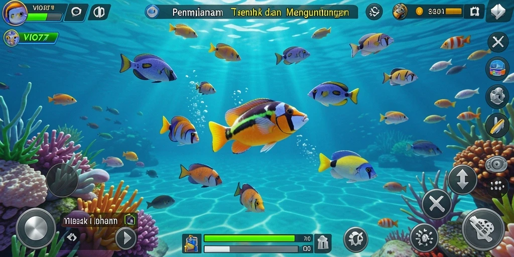 Screenshot gameplay VIO77 menampilkan berbagai ikan dan senjata yang digunakan.